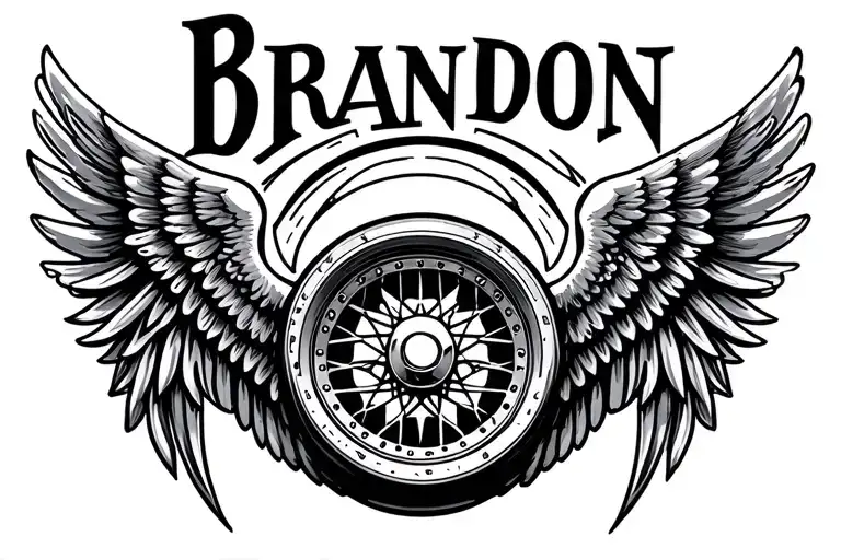 "Brandon" angel wings with motorcycle wheel in center.  tattoo design idea