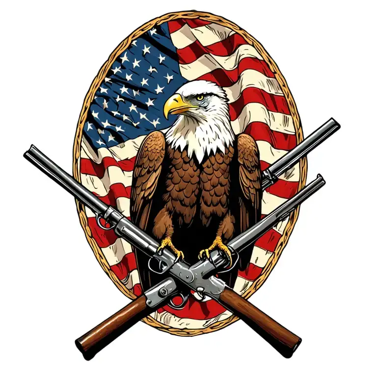 Bald Eagle perched on 2 old muskets crossed like an X with an American flag waving in the background. tattoo design idea