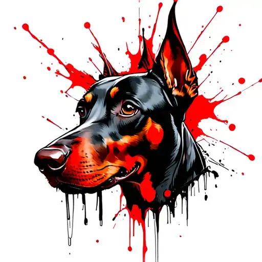 Draw a sketch of a tattoo with red elements divided in half, on one half of the muzzle of Doberman which is above the head n tattoo design idea