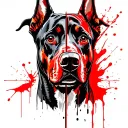 Draw a sketch of a tattoo with red elements divided in half, on one half of the muzzle of Doberman which is above the head n tattoo design idea