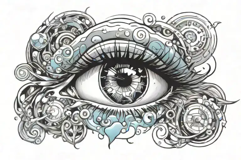 tattoo in realistic style eyes of a girl, city and circles of water tattoo design idea