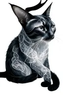 A graceful cat with a slightly translucent, ghostly aura enveloping its sleek body. The cat's form is outlined with soft tattoo design idea