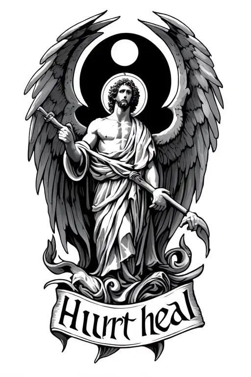 St michael tattoo design with the word hurt above and the word heal below. semicolon included in the tattoo tattoo design idea