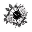 broken clock and roses mixed together as one tattoo design idea