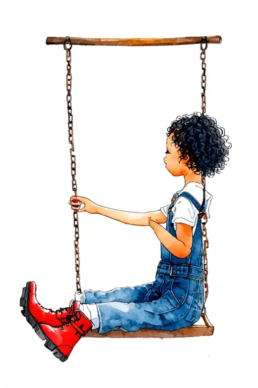 Black curly haired little girl with red boots and blue dungarees on a swing. two legs tattoo design idea