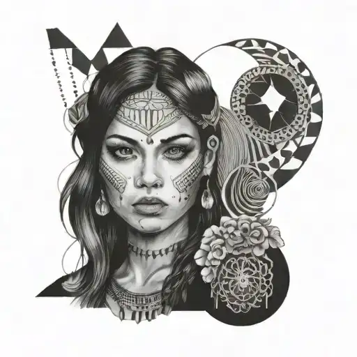 fine line geometric micro realism neo traditionsl gypsy women binary negative space tattoo design idea