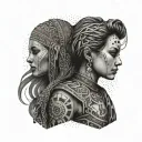 fine line geometric micro realism neo traditionsl gypsy women binary negative space tattoo design idea