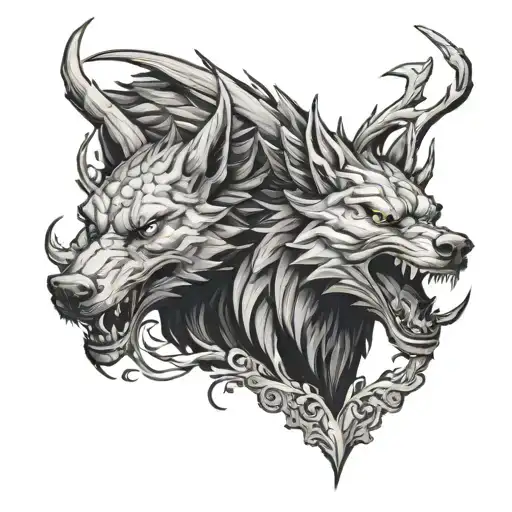 a flying dragon, and a menacing wolf and a charging buck  tattoo design idea