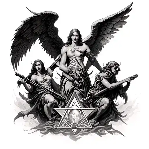 arm sleeves. angels and demons at war. illuminati symbolism tattoo design idea