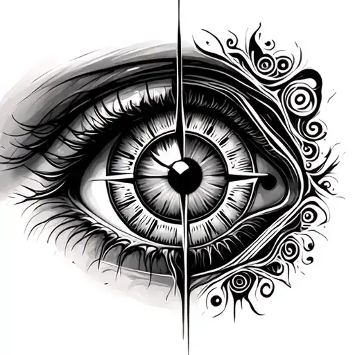 abstract eye with patterns with hidden compass tattoo design idea