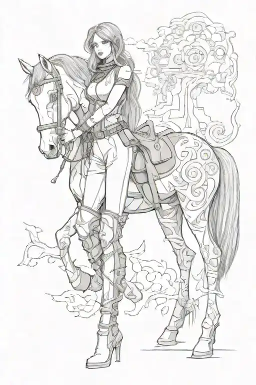 A girl wearing high boots and holding a gun, with a Friesian horse standing next to her. tattoo design idea