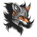 a red fox wearing a valkyrie helmet with wings on the side, black and grey,wings on the side of the helmet tattoo design idea