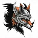 a red fox wearing a valkyrie helmet with wings on the side, black and grey,wings on the side of the helmet tattoo design idea