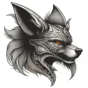 a red fox wearing a valkyrie helmet with wings on the side, black and grey,wings on the side of the helmet tattoo design idea