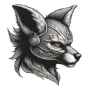 a red fox wearing a valkyrie helmet with wings on the side, black and grey,wings on the side of the helmet tattoo design idea