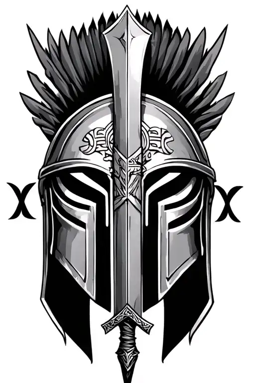 spartan helments with greek runes and a spear in the backgroung tattoo design idea