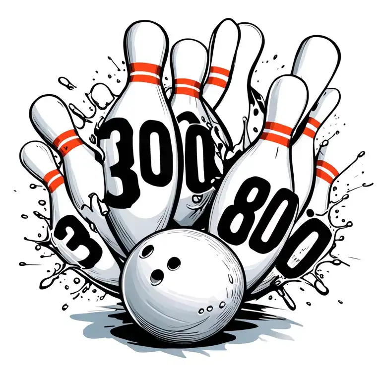 bowling ball smashing through bowling pins with the numbers 300 and 800 in it tattoo design idea