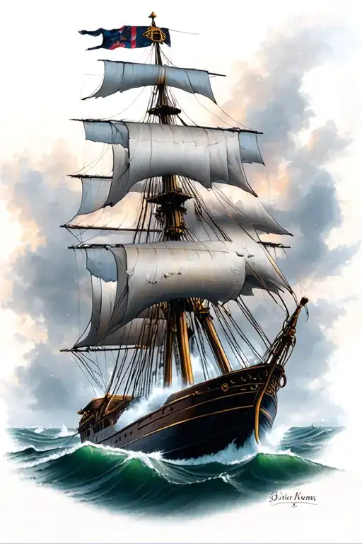 for the upper harm. on top a sailing ship captain on the steer. on the bottom, a sailing ship on harsh weather tattoo design idea