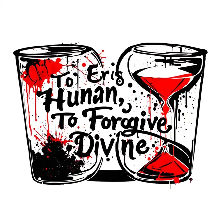 Text: "To Err is human, to forgive divine" in a hourglass tattoo design idea