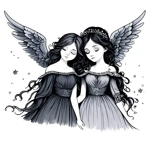 two girl guardian angels fine line tattoo minimal, cute, girly tattoo design idea