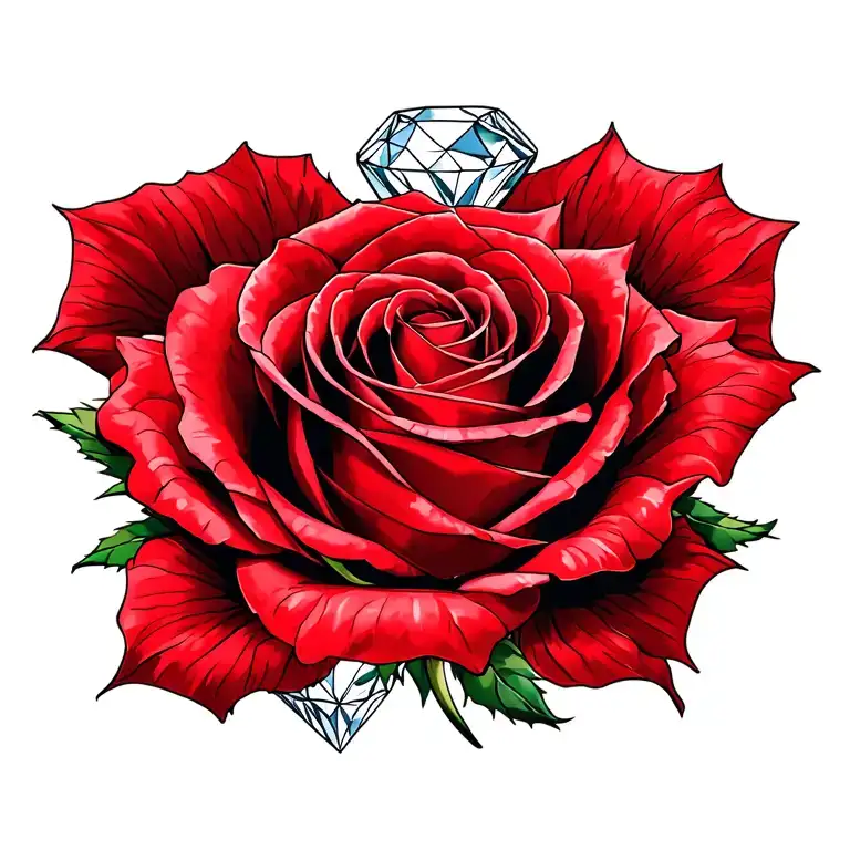 A red rose as background layer and two diamonds as second layer. Draw as a tattoo  tattoo design idea