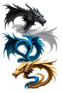 fourth wing dragons one black, one blue, and one golden tattoo design idea