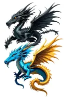 fourth wing dragons one black, one blue, and one golden tattoo design idea