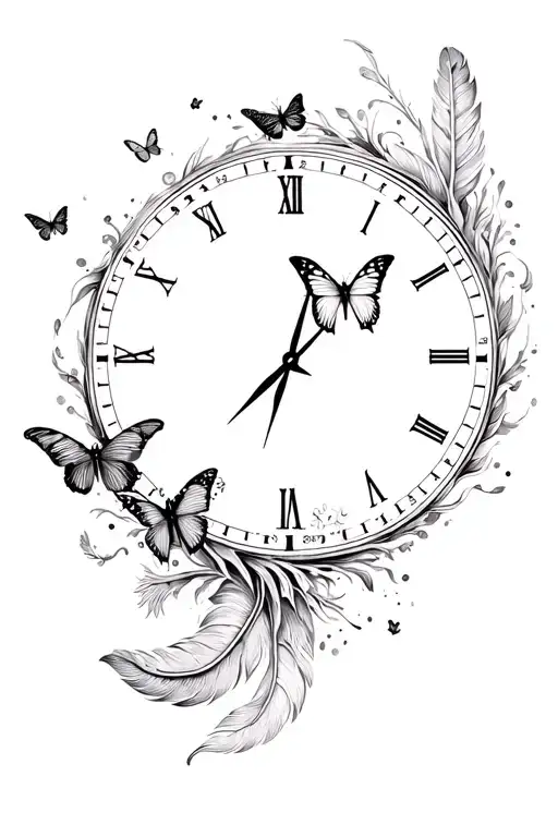 butterflies and feathers surrounding a clock face tattoo design idea