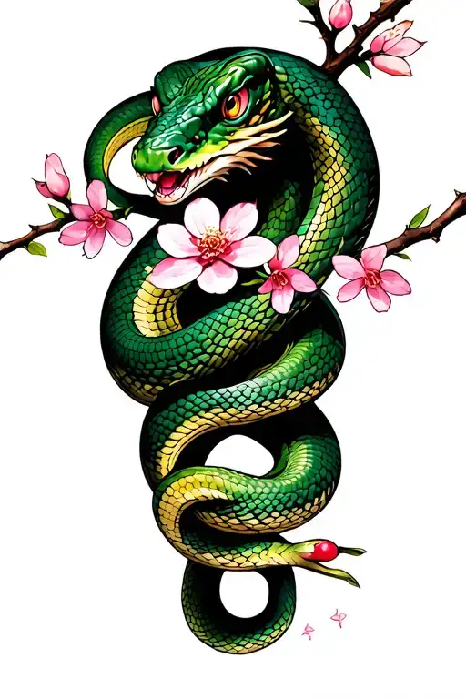 snake wrapped around a cherry blossom branch tattoo design idea