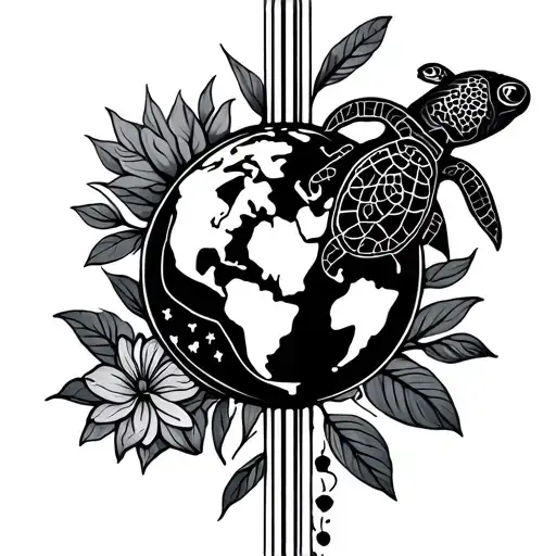 a fine line completely black tattoo of one vertical line with various symbols: a globe, a turtle, a mimosa flower, a but tattoo design idea
