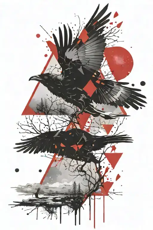 flying crows; red triangle; trees; moon tattoo design idea