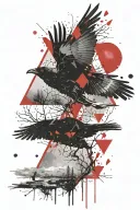 flying crows; red triangle; trees; moon tattoo design idea