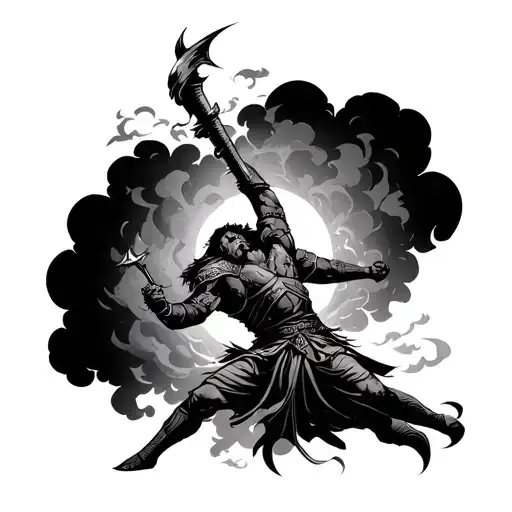 A warrior fighting against a dark cloud of negativity and pessimism, symbolizing the ongoing battle with inner demons tattoo design idea