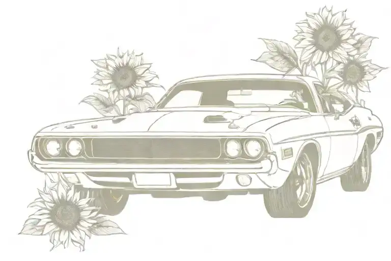 70's dodge challenger with sunflowers tattoo design idea