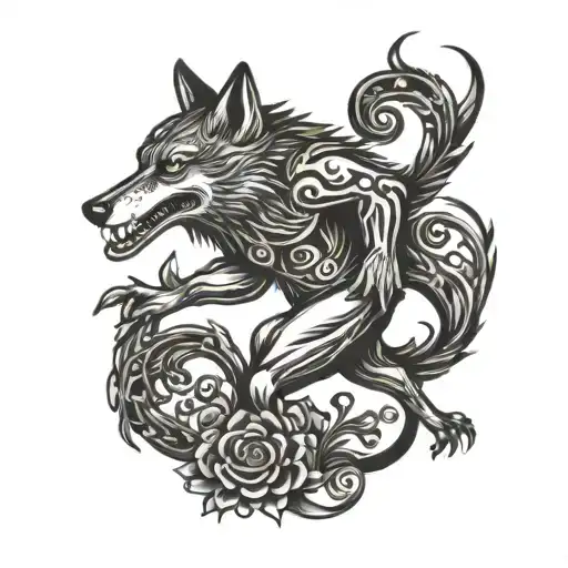 wolf dancing with a frog tattoo design idea