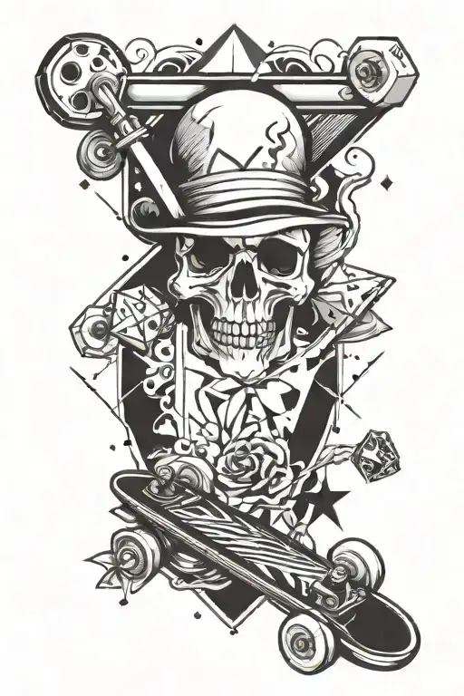 create a new school style tattoo, with elements of skateboarding, Anarchist, rock roll, alcoholic drinks, RPG dice tattoo design idea
