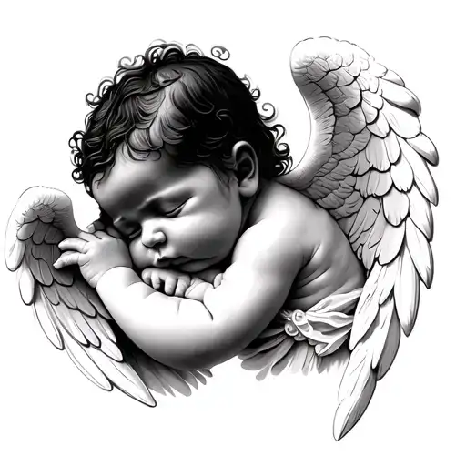 black baby angel  resting head tattoo design idea