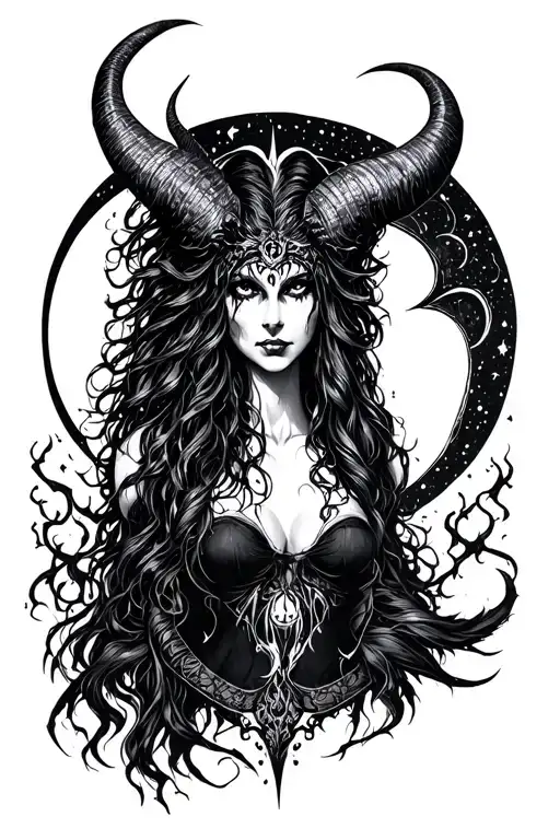 dark goddess Lilith with power surrounding her direct stare, curved horns, fangs, empty eyes, black crescent moon tattoo design idea