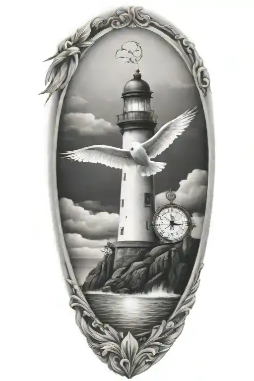 lighthouse, compass, heart, calm ocean, seagull tattoo design idea