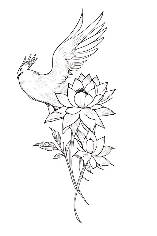 "Looking forward" phoenix, lotus flowers tattoo design idea