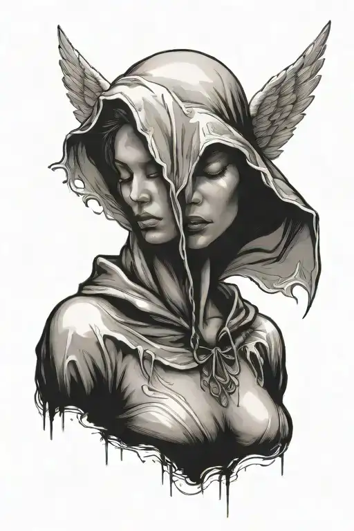 angel with hood and eyes closed 90s tattoo design idea