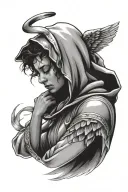 angel with hood and eyes closed 90s tattoo design idea