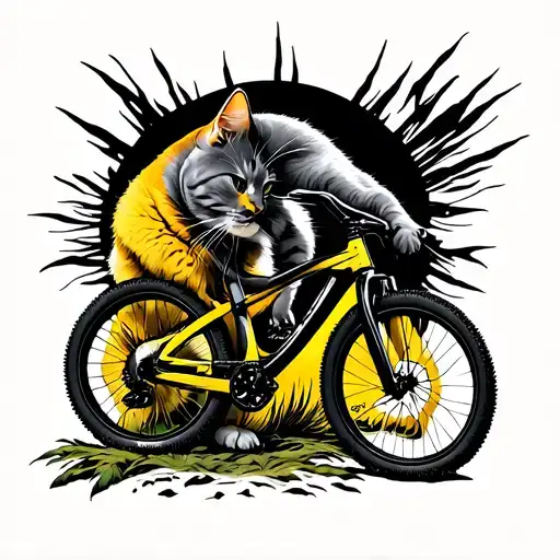 Made a black and white tattoo that contains the following items: an MTB -type bike, a yellow cat tattoo design idea