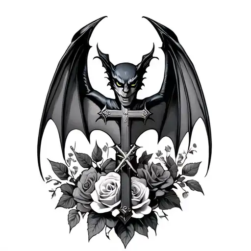 Bat with open wings and a cross with roses and thorns tattoo design idea