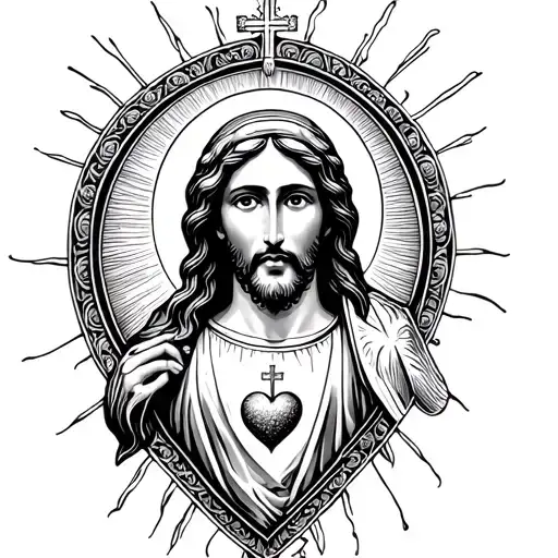 catholic sacred heart of mary jesus and joseph black and white fine line  tattoo design idea