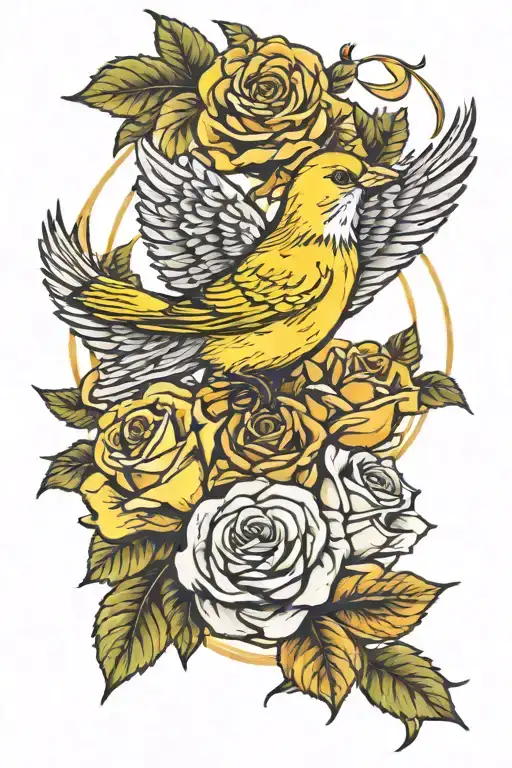 flying canary with roses growing  tattoo design idea