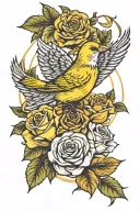 flying canary with roses growing  tattoo design idea