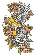 flying canary with roses growing  tattoo design idea