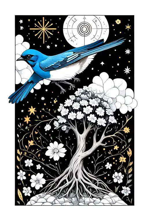 bluebird, forget me nots, pyramidal saxifrage, North Star, golden waddle, southern cross, Vegvísir, and Yggdrasil, black tattoo design idea