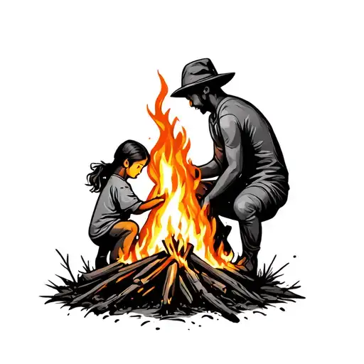 campfire with father,daughter,son symbol incorporated tattoo design idea